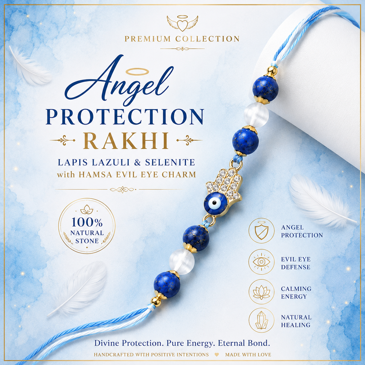 Angel Protection Rakhi with Lapis Lazuli, Selenite and Hamsa Evil Eye Charm – Premium Collection by Arkaan Crystals